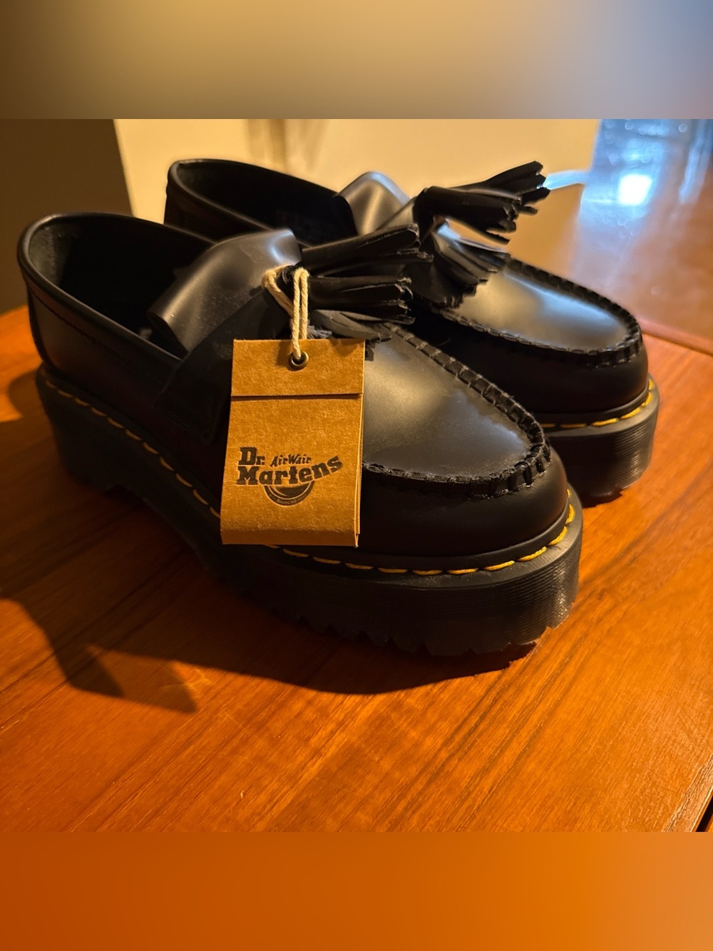 Dr. Martens Black Tassel Platform Loafers with Yellow Stitching